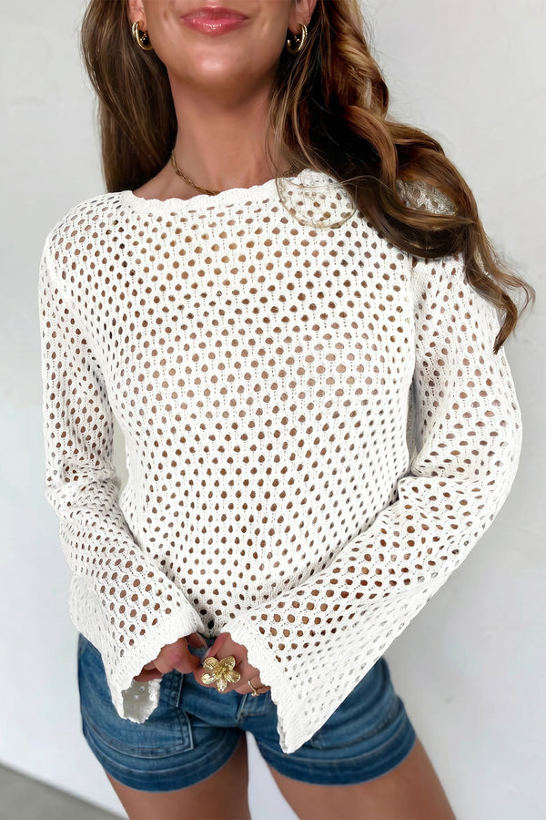 Haut femme en maille, manches longues, festonné — blanc