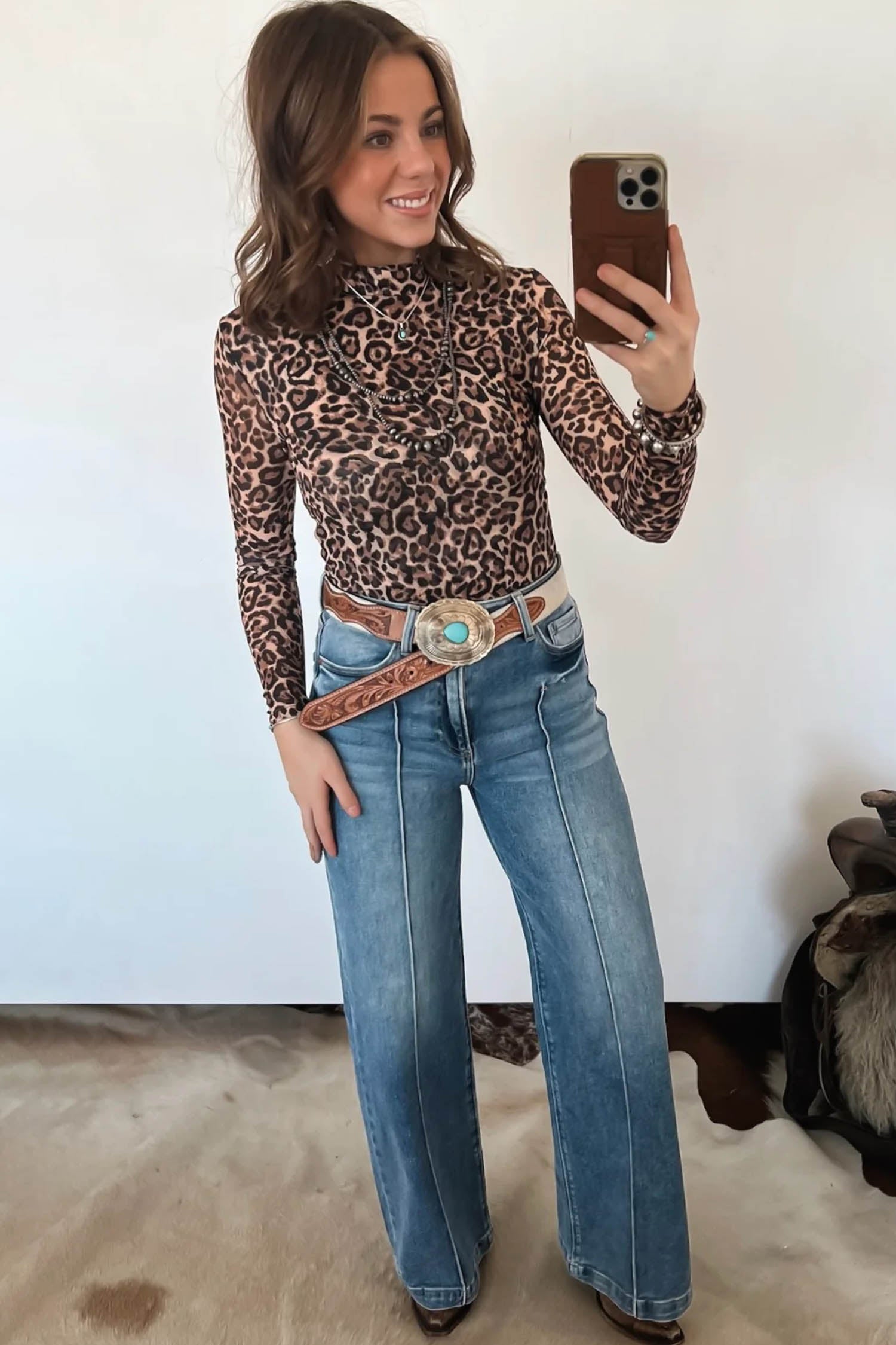 Khaki Leopard High Neck Long Sleeve Western Slim Top