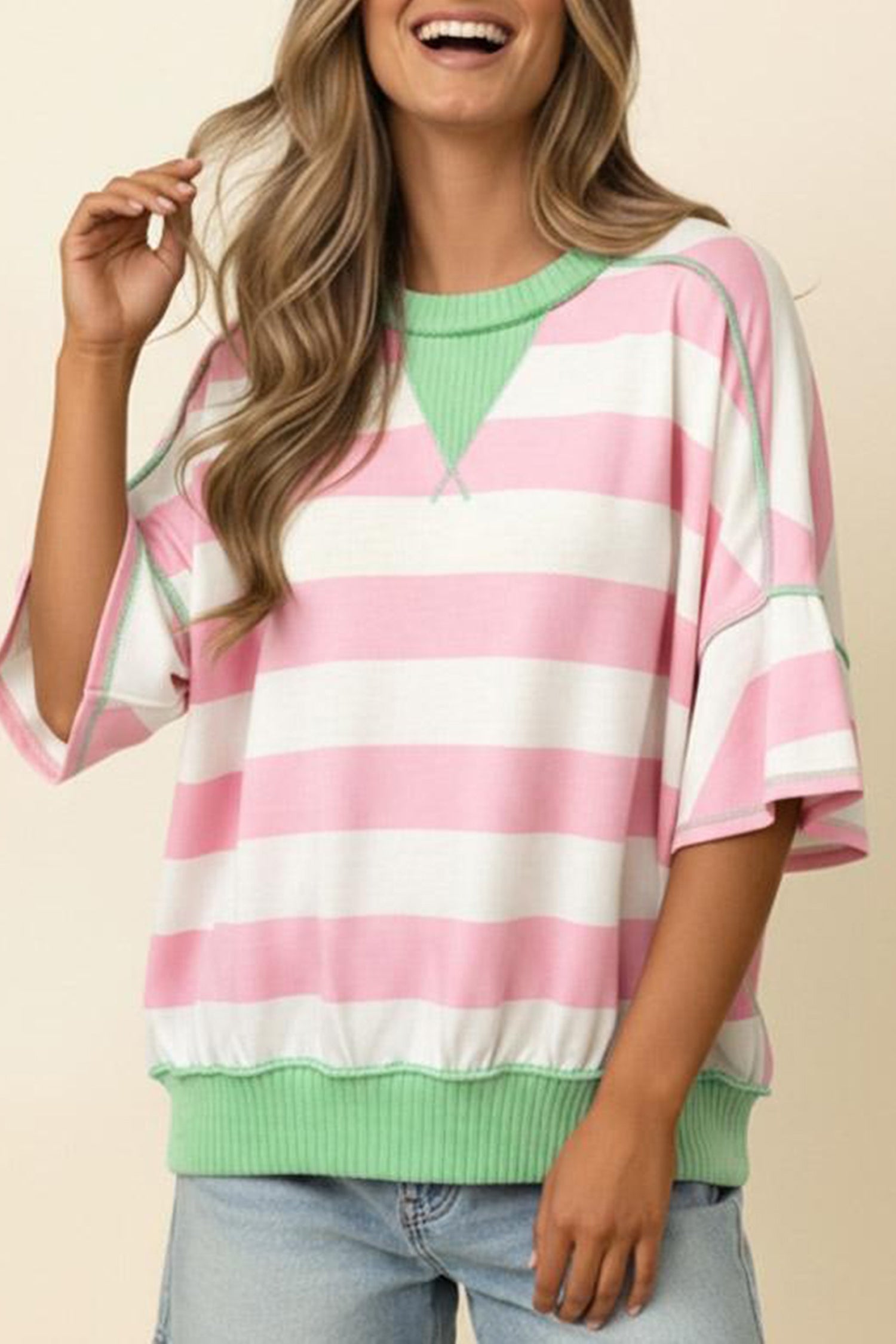 Pink Stripe Exposed Seam Ribbed Patchwork Oversized Tee