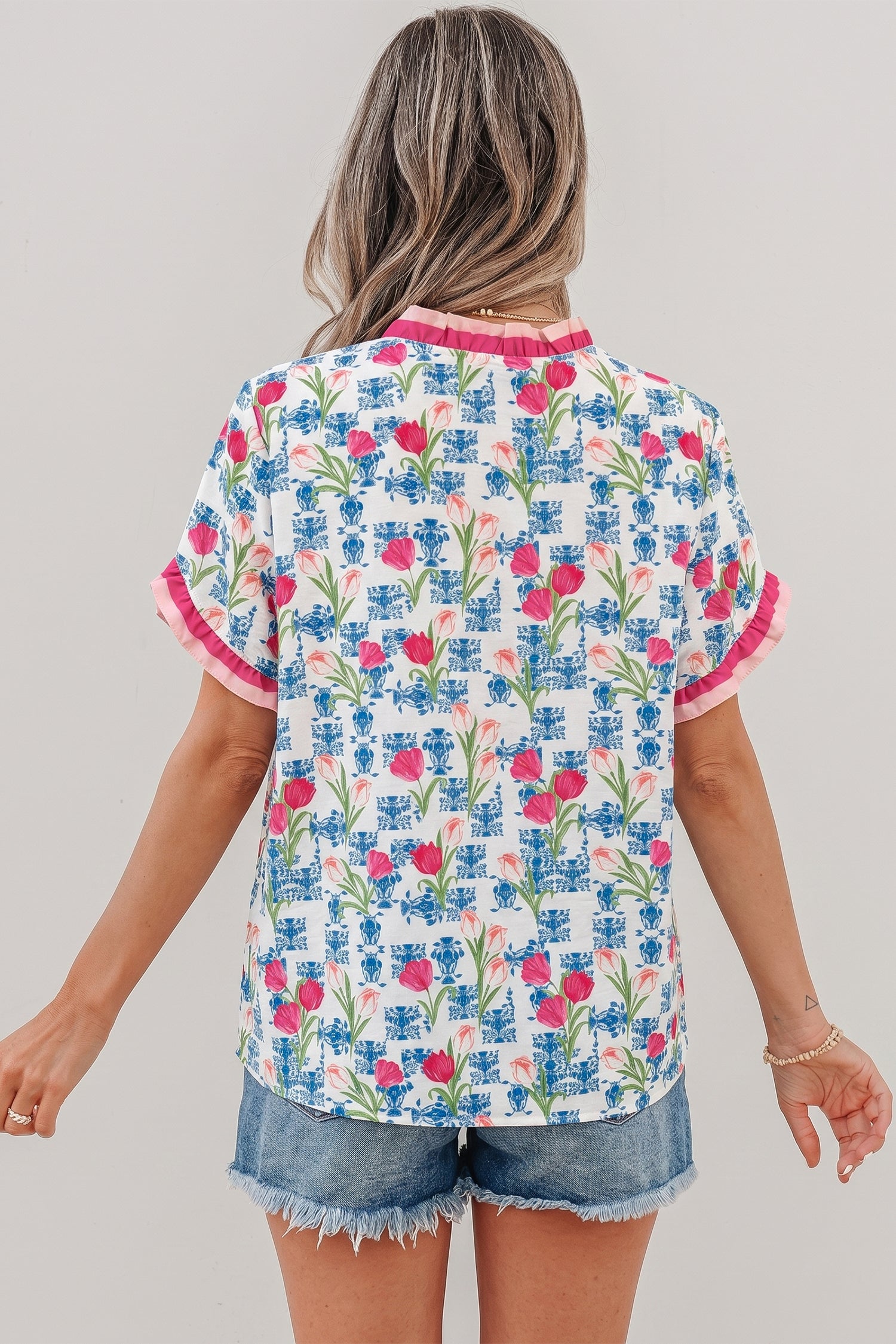 Rose Floral Print Ruffle V-Neck Short Sleeve Loose Tunic Shirt