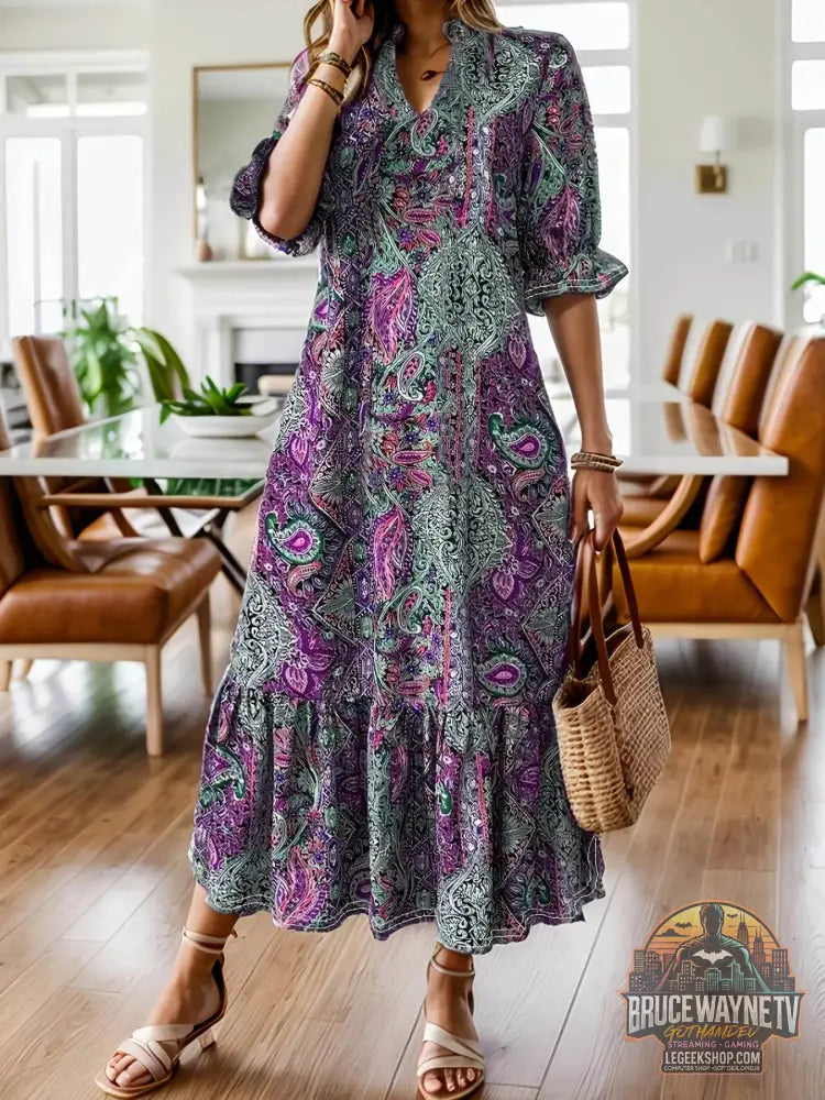 Robe Midi Plus Size en Imprimé Paisley Boho avec Volants, élégante et confortable, idéale pour les occasions décontractées