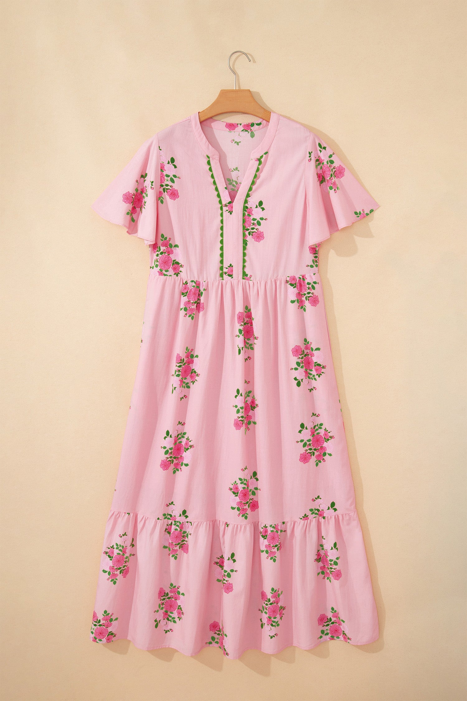 Robe longue à imprimé floral à manches courtes et col cranté bleu ciel