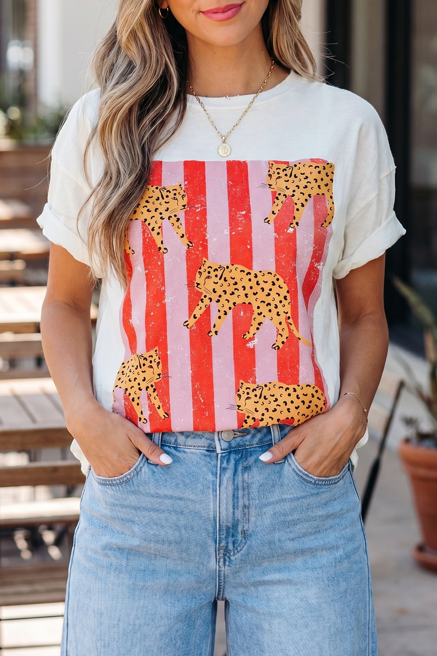 Dark Grey Cheetah Striped Print Retro Fashion Graphic Tee