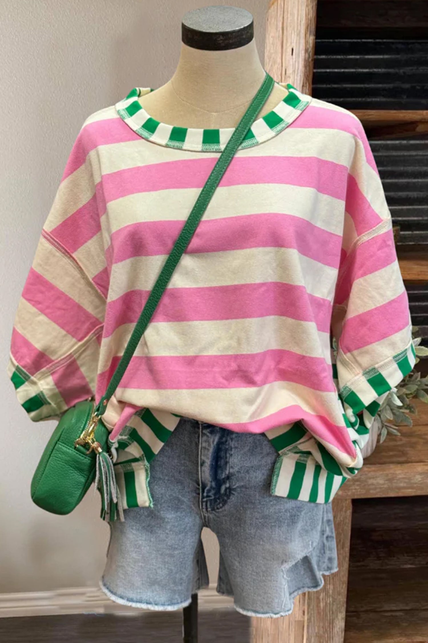Pink Stripe Exposed Seam Contrast Patchwork Oversized Top