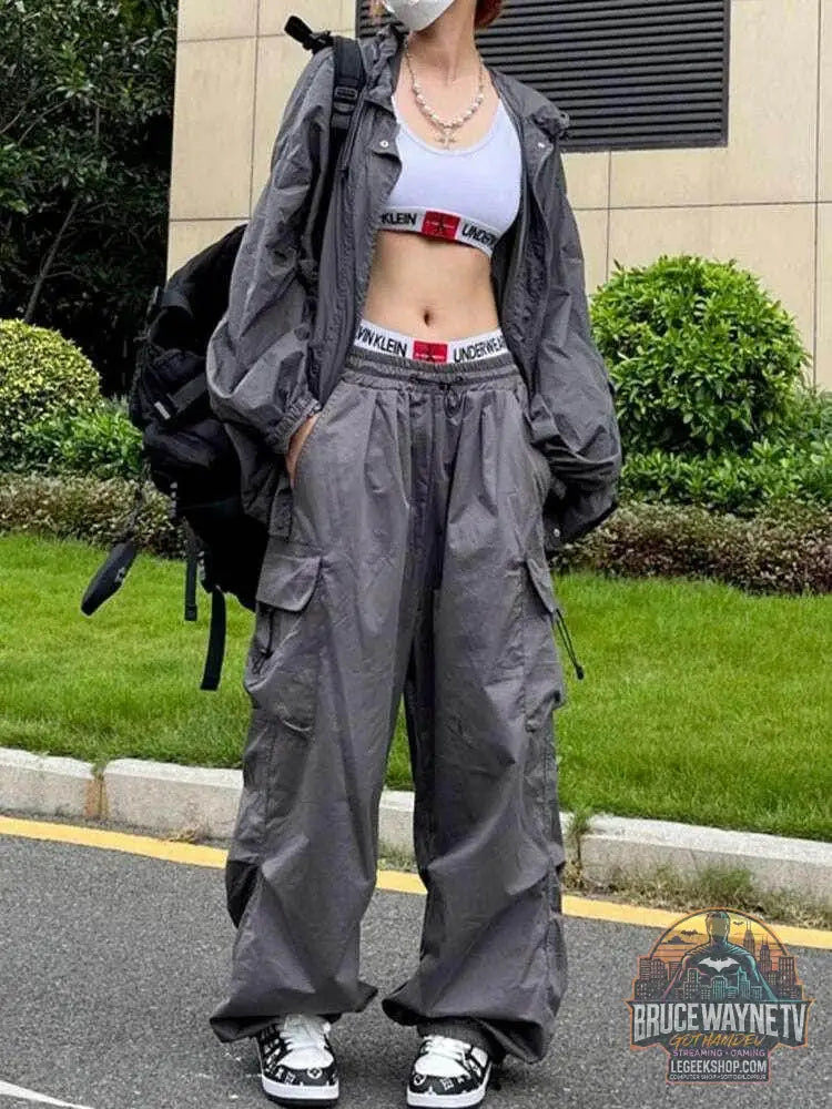 Pantalon de survêtement baggy à jambes larges pour femmes, pantalon noir parachute Y2K, Streetwear Hiphelicopter, poches surdimensionnées, Cargo FjHarajuku | Wayne Outfitters - Legeekshop
