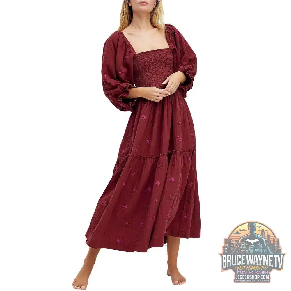 🌺 Robe longue à fleurs brodées 3D – Col carré & manches bouffantes - Legeekshop