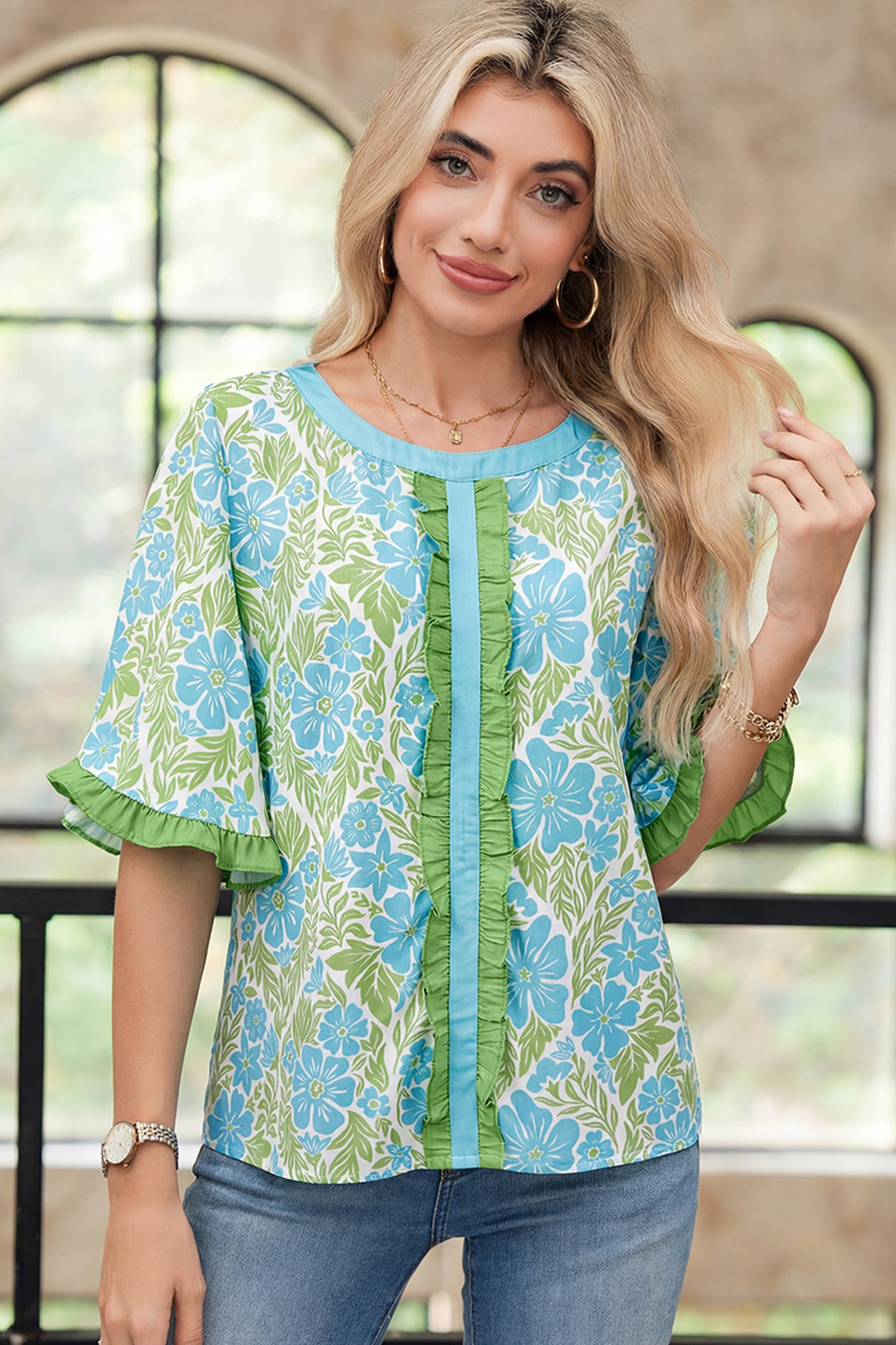 Rose Floral Print Ruffled Color Block Trim Half Sleeve Blouse