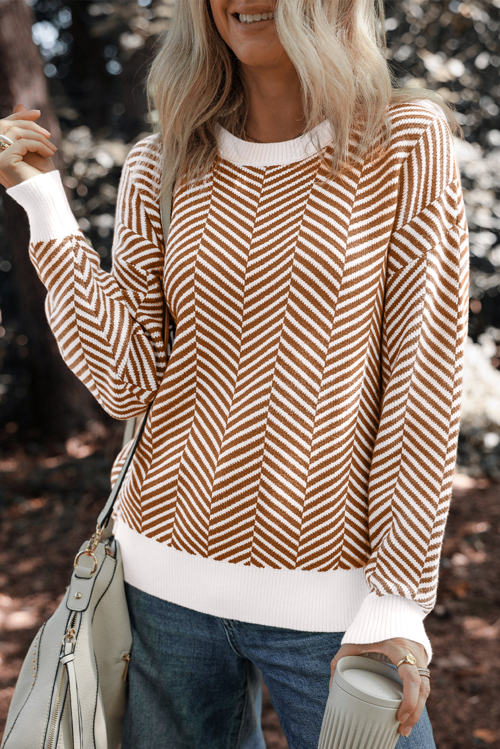 Pull femme épaules tombantes, col rond — café