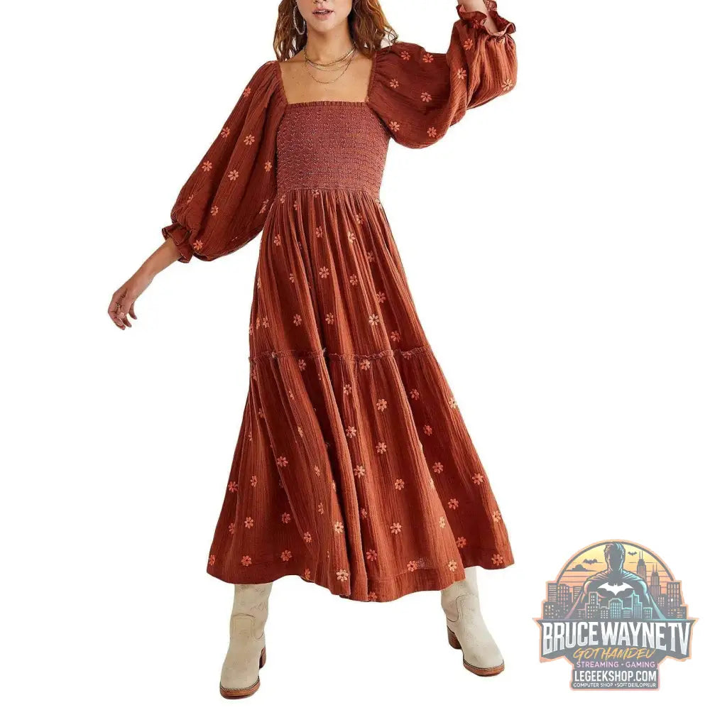 🌺 Robe longue à fleurs brodées 3D – Col carré & manches bouffantes - Legeekshop