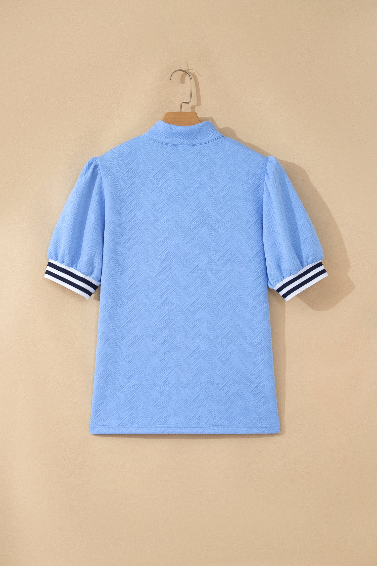 Myosotis Stylish Textured Stripe Trim Split Neck Puff Sleeve Top