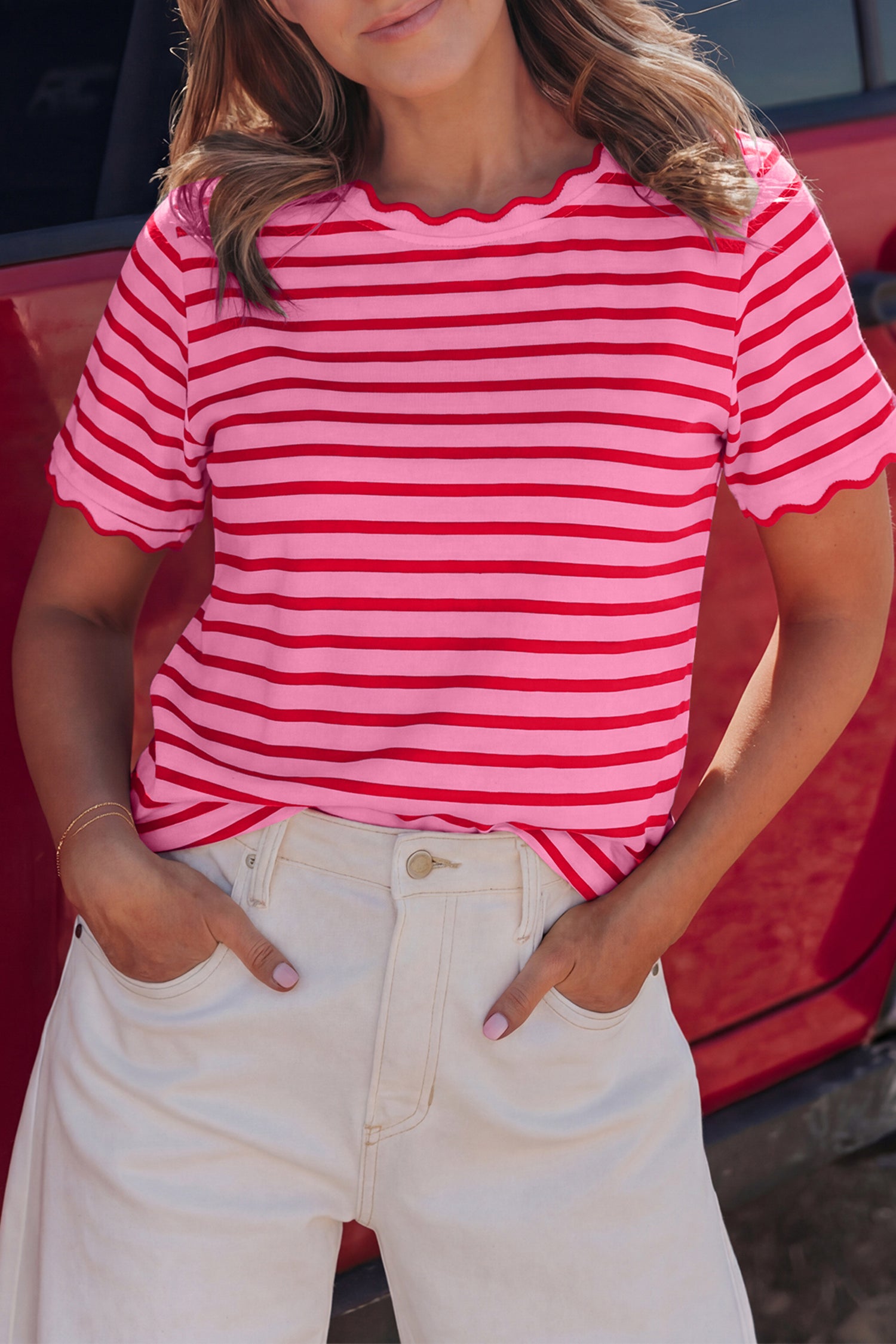 Black Stripe Scalloped Trim Round Neck T Shirt