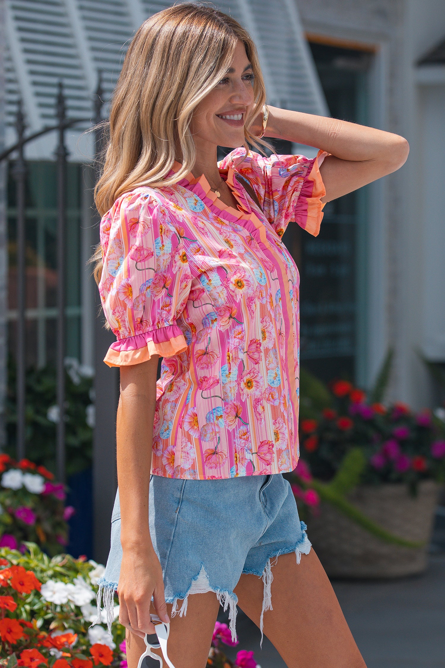 Pink Poppy Flower Striped — Tops/Blouses & Shirts, vue 3, LeGeekShop
