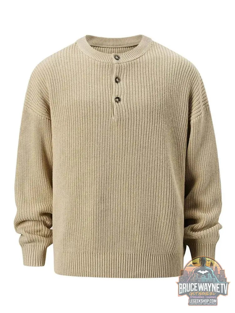 Pull col rond laine haut de gamme en beige avec boutons pour un style décontracté et élégant
