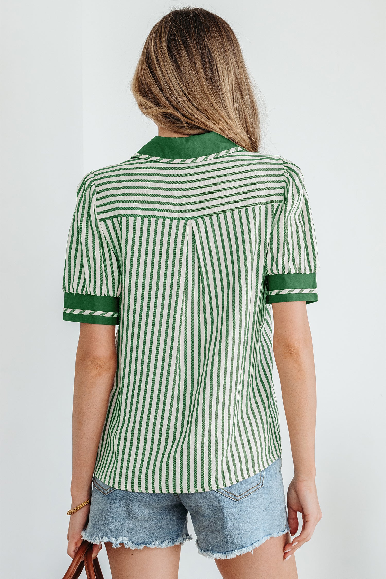 Green Stripe Collared Split — Tops/Blouses & Shirts, vue 2, LeGeekShop