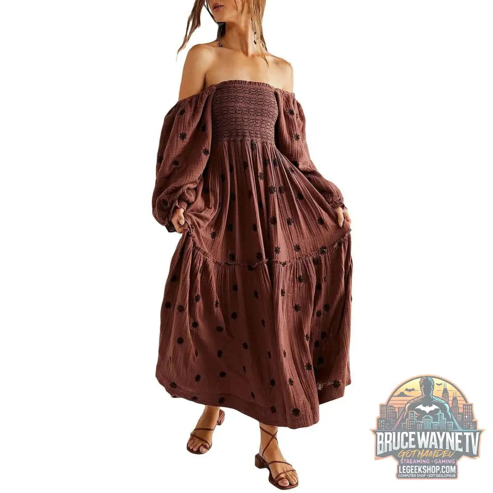 🌺 Robe longue à fleurs brodées 3D – Col carré & manches bouffantes - Legeekshop