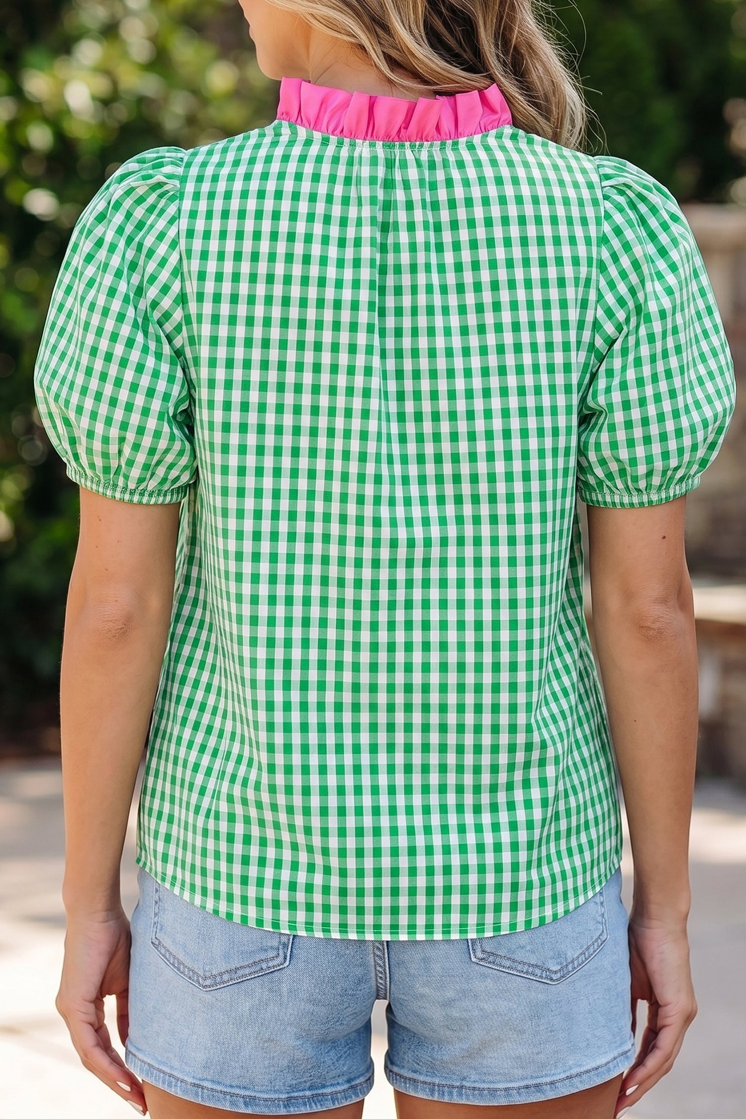 Green Gingham Plaid Bubble Sleeve Colorblock Trim V Neck Blouse
