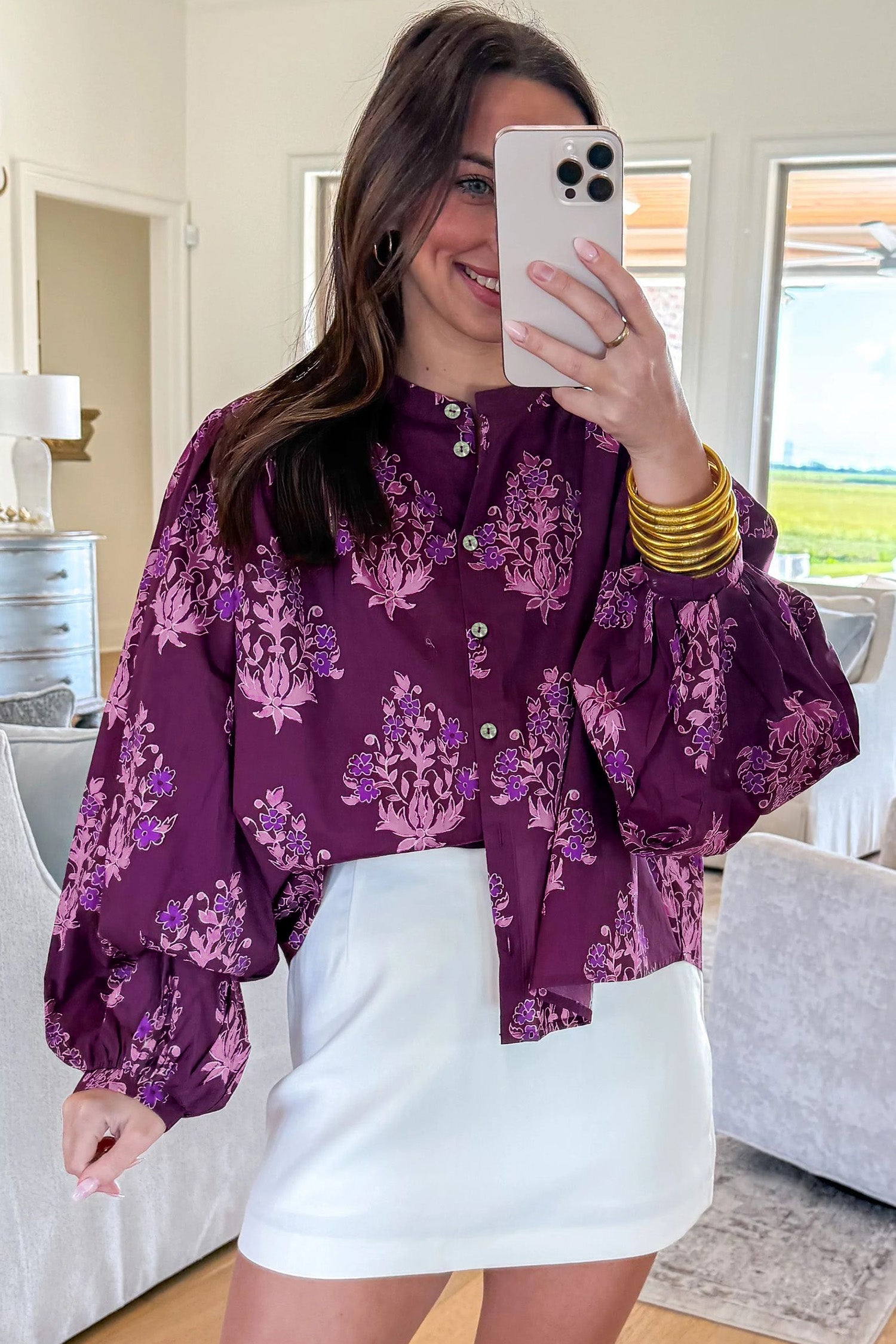 Purple Floral Print Button — Tops/Blouses & Shirts, vue 7, LeGeekShop