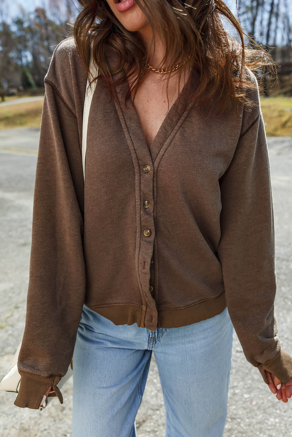 Cardigan femme boutonnée, col V, casual — café
