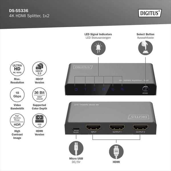 Digitus 4K HDMI Splitter, 1x4 - Digitus - vue 5