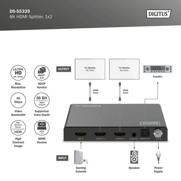 Digitus 8K HDMI Splitter, 1x2 - Digitus - vue 6