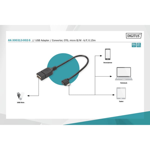 Digitus USB 2.0 Adapter, Micro USB Stecker 90° > USB-A Buchse - Digitus - vue 7