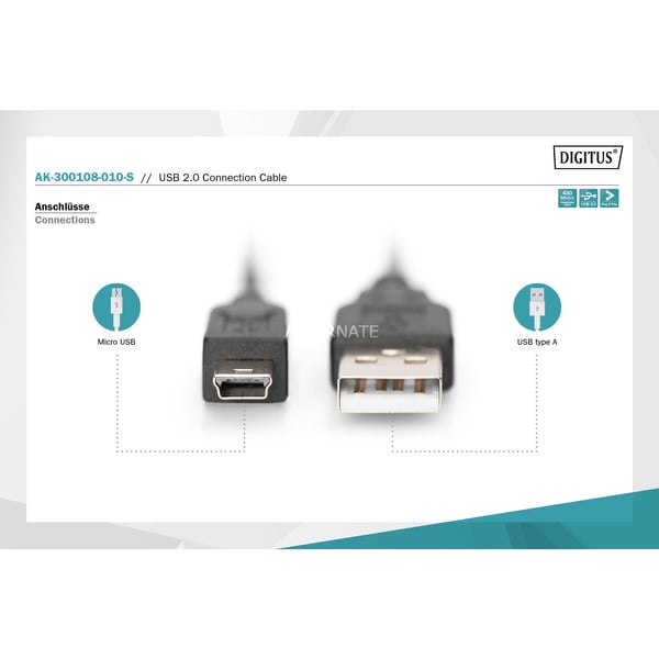 Digitus USB 2.0 câble, USB-A Stecker > mini USB Stecker - Digitus - vue 3