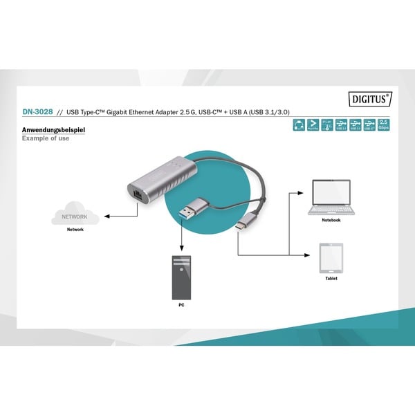 Digitus USB 3.2 Gen 1 Adapter, USB-C Stecker > RJ-45 Buchse - Digitus - vue 8