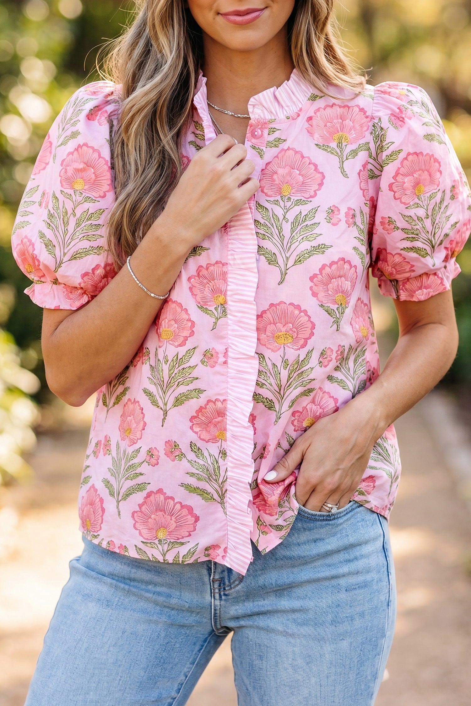 Pink Sweet Blooms Ruffle Striped Trim Puff Sleeve Shirt