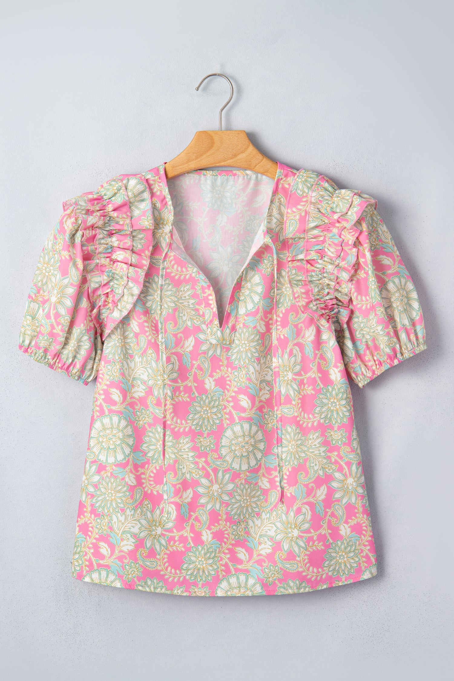 Pink Tie V Neck Floral Short Puff Sleeve Blouse