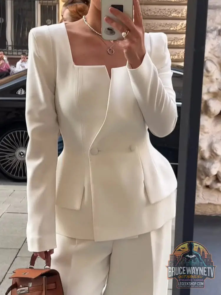 Blazer Femme Deux Boutons Col Carré Couleur Unie - White / XS - Blazer Femme