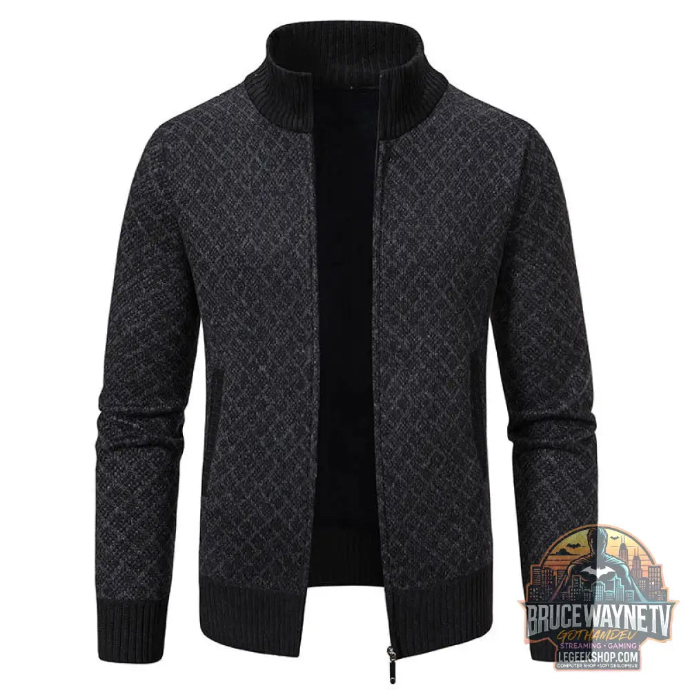 Cardigan Homme Carreaux Épais Zip Col Montant Hiver - Black / M - Cardigan Homme