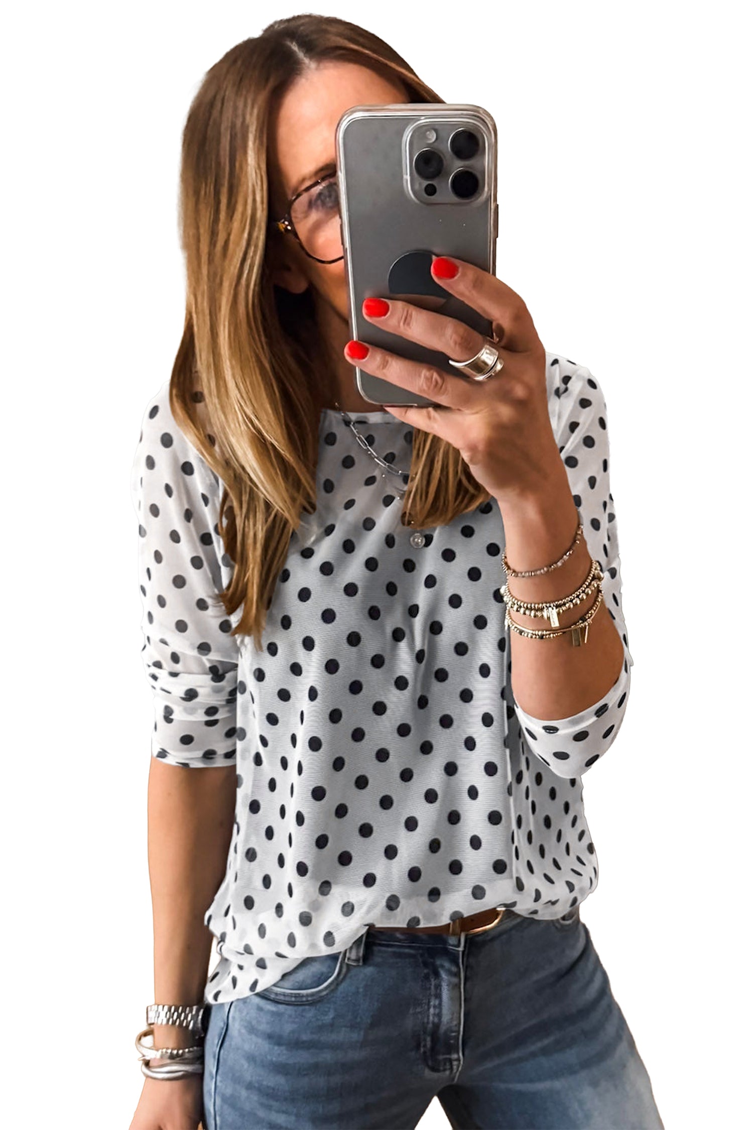 Black Polka Dot Sheer Mesh Long Sleeve Round Neck Shift Top