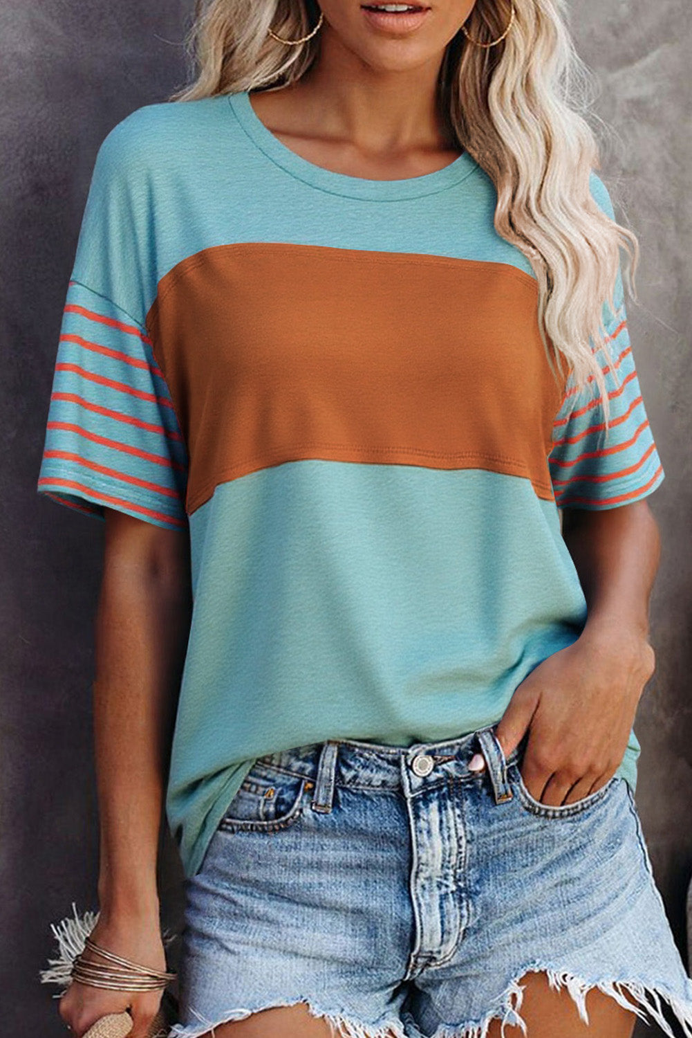 Tan Color Block Striped Detail Loose T Shirt