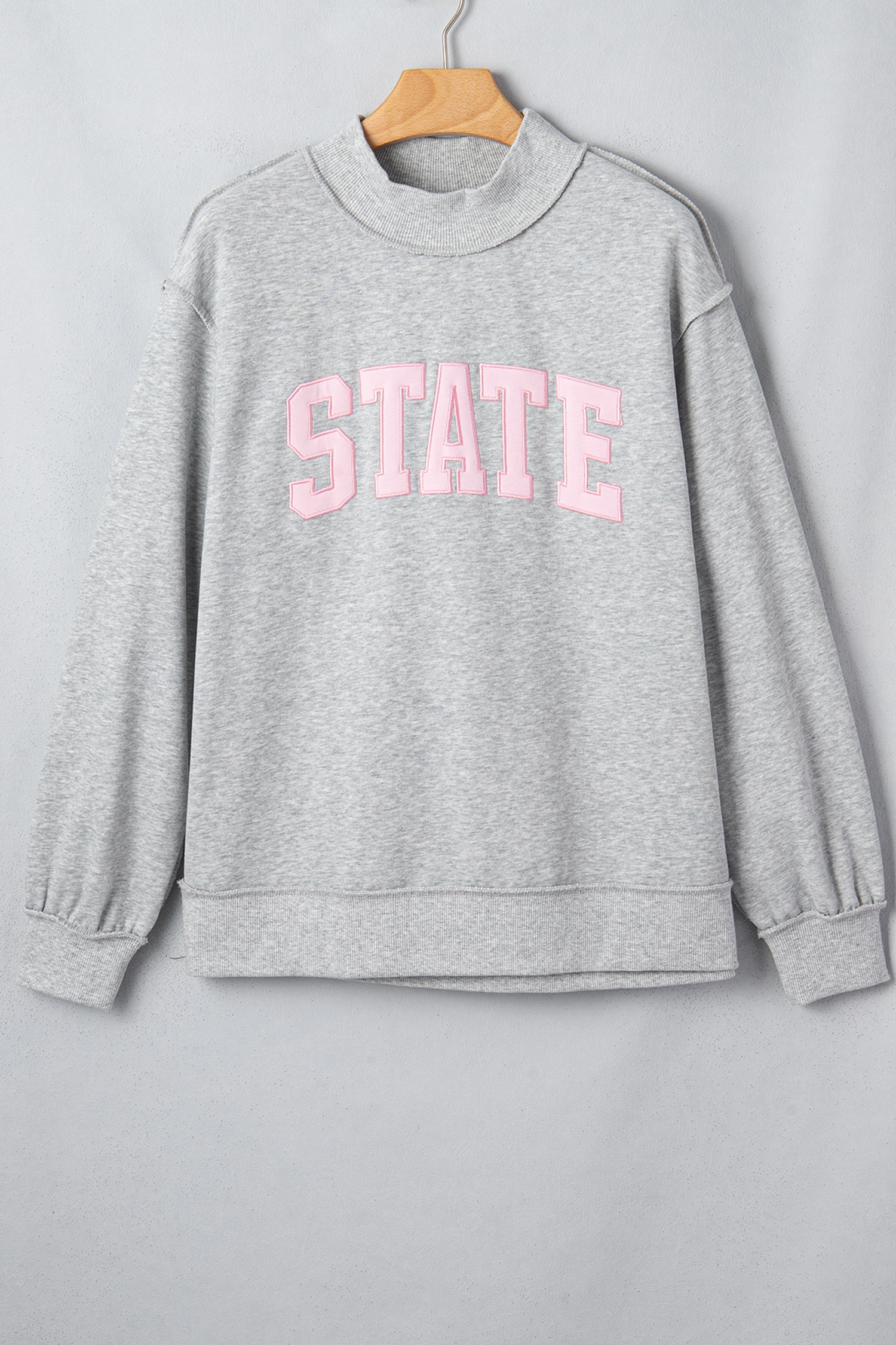 Light Grey Exposed Seam Mock Neck STATE Letter Graphic Loose Sweatshirt