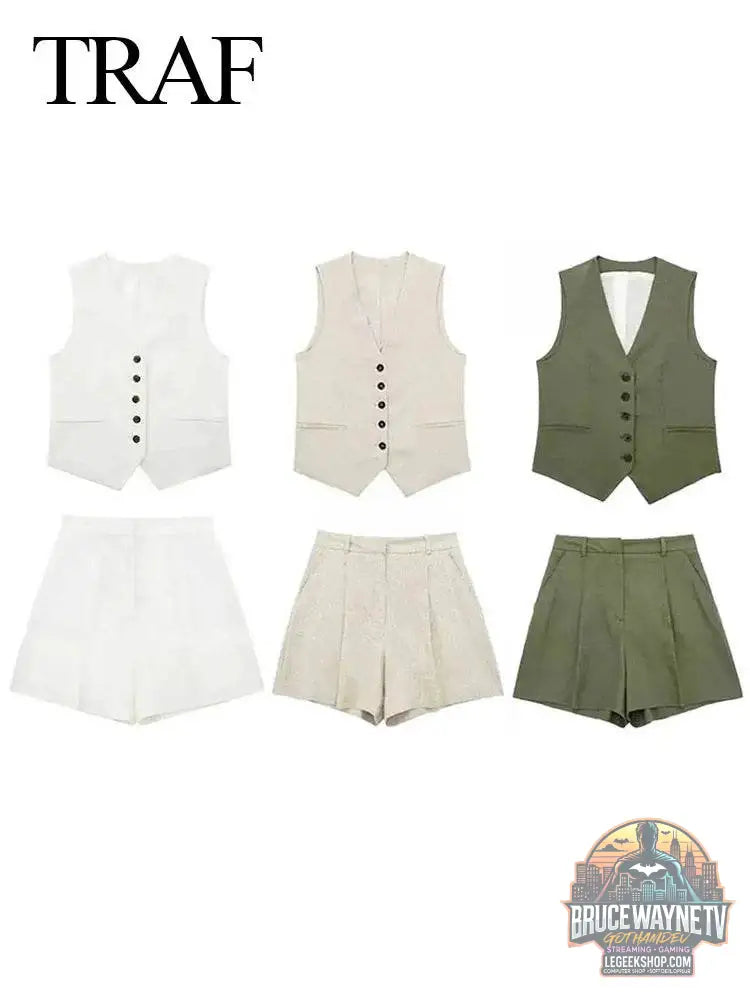 👗 Ensemble deux pièces femme – Gilet sans manches & short à poches - Legeekshop