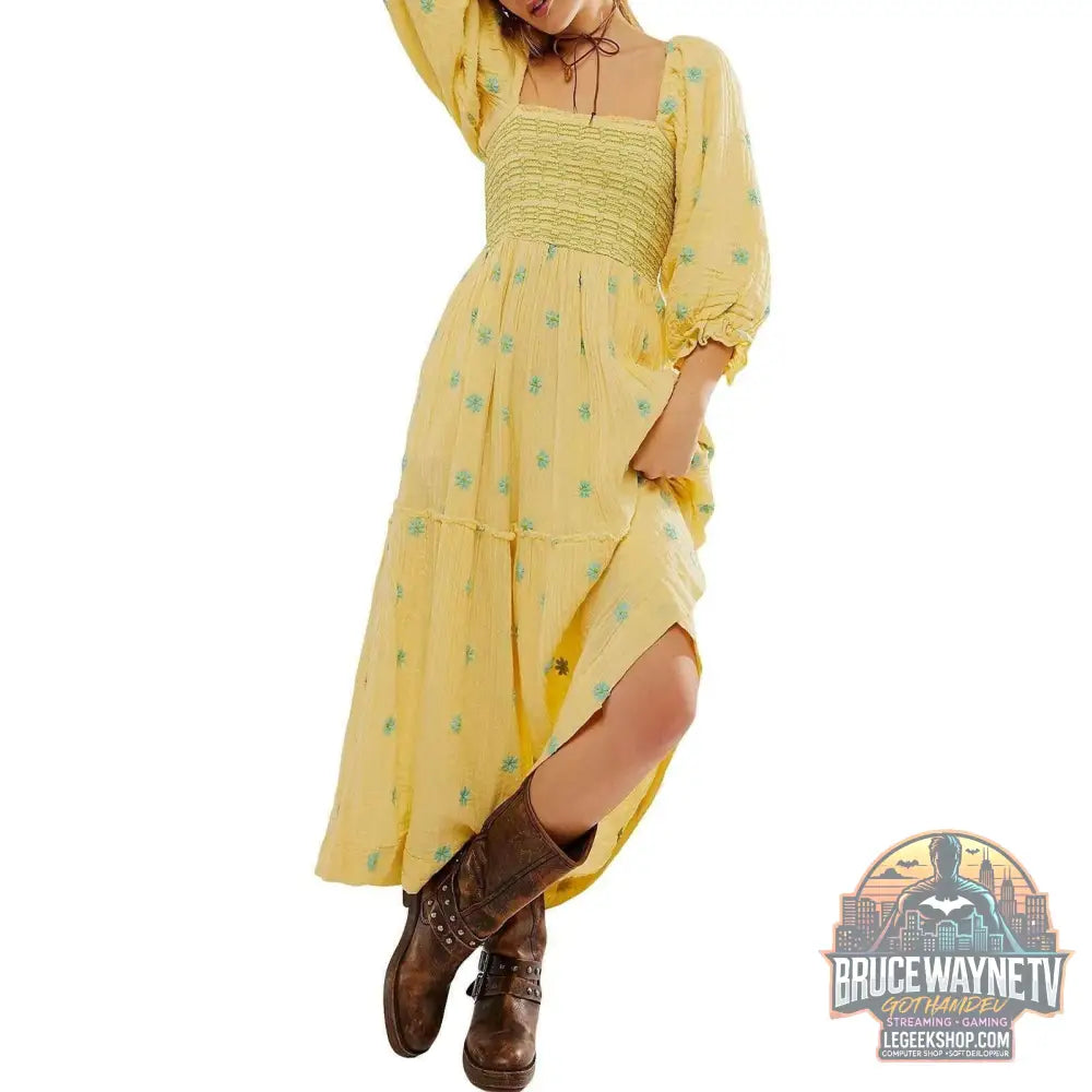 🌺 Robe longue à fleurs brodées 3D – Col carré & manches bouffantes - Legeekshop