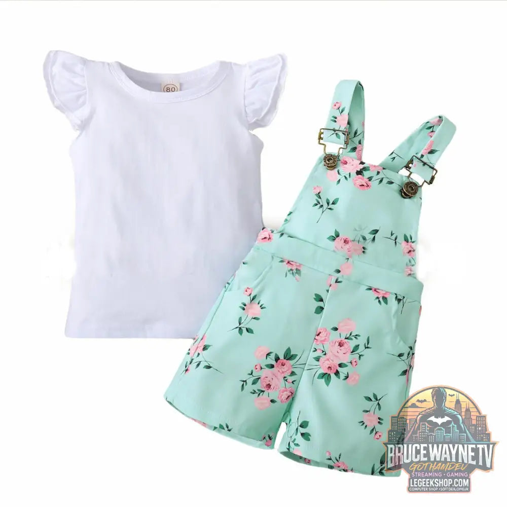 Ensemble Enfant 2 Pièces T-Shirt Volants Pantalon Bretelles Floral - Ensemble Enfant