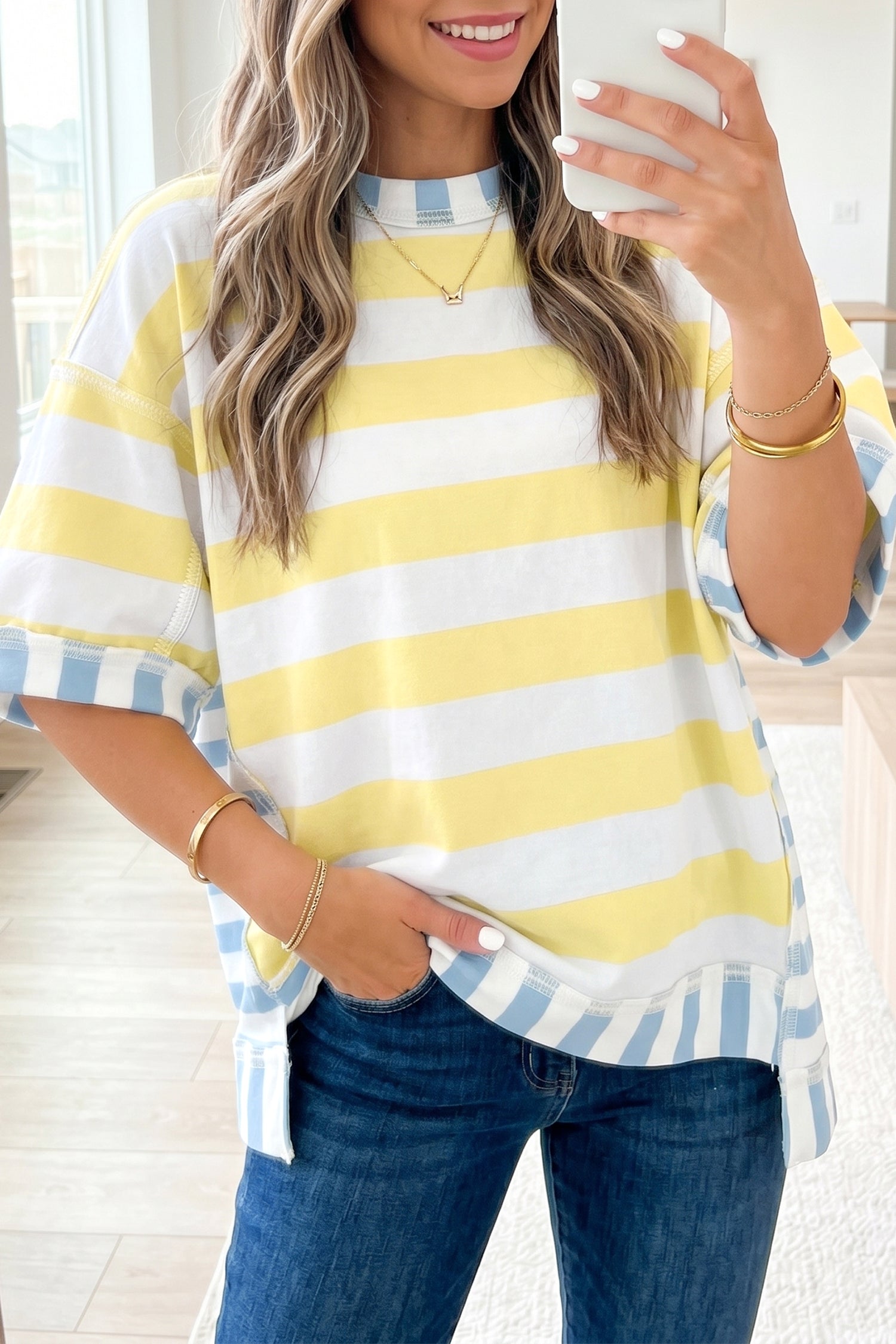 Pink Stripe Exposed Seam Contrast Patchwork Oversized Top