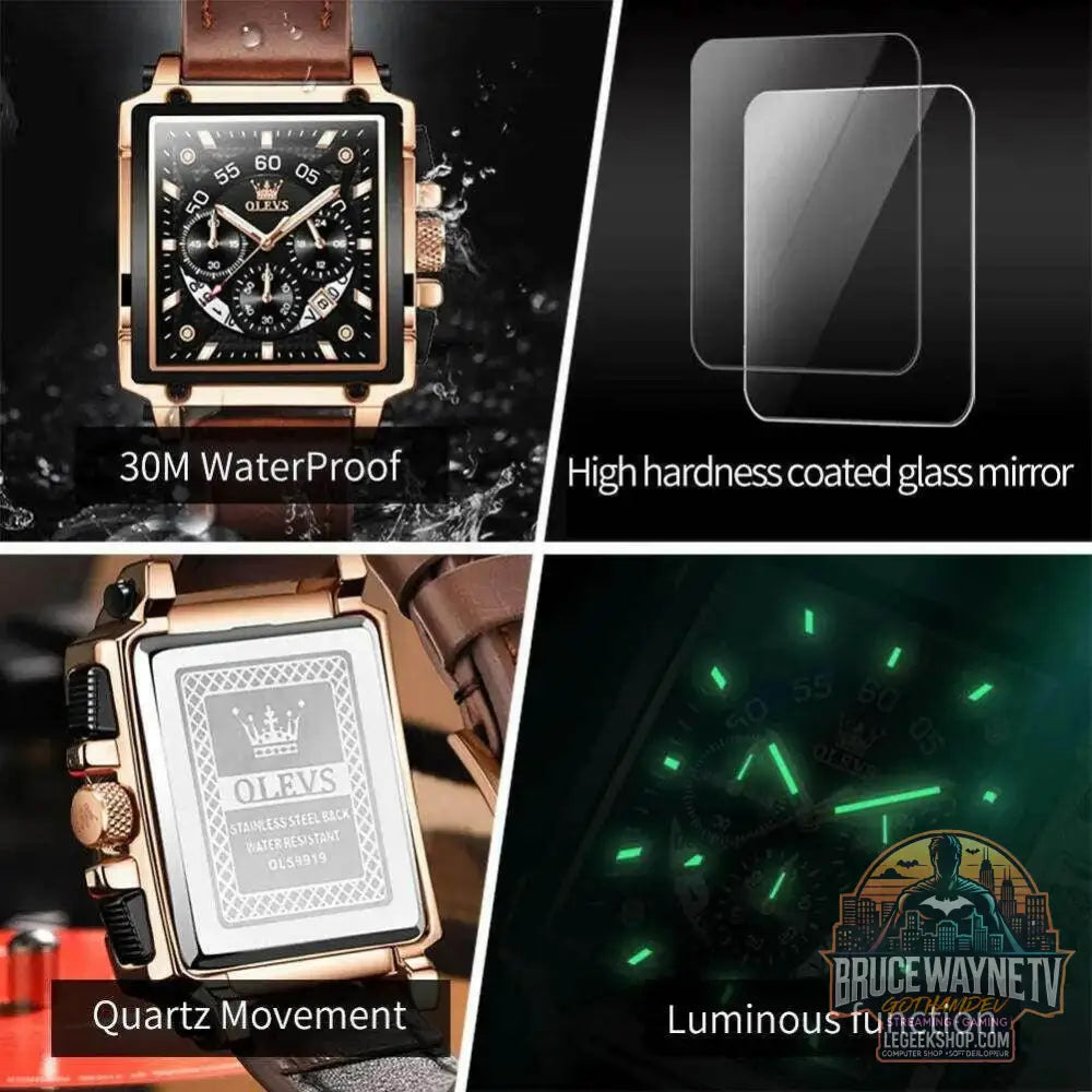 Montre à quartz carrée étanche avec bracelet en cuir pour homme, chronographe et fonction calendrier, marque supérieure | OLEVS - Legeekshop