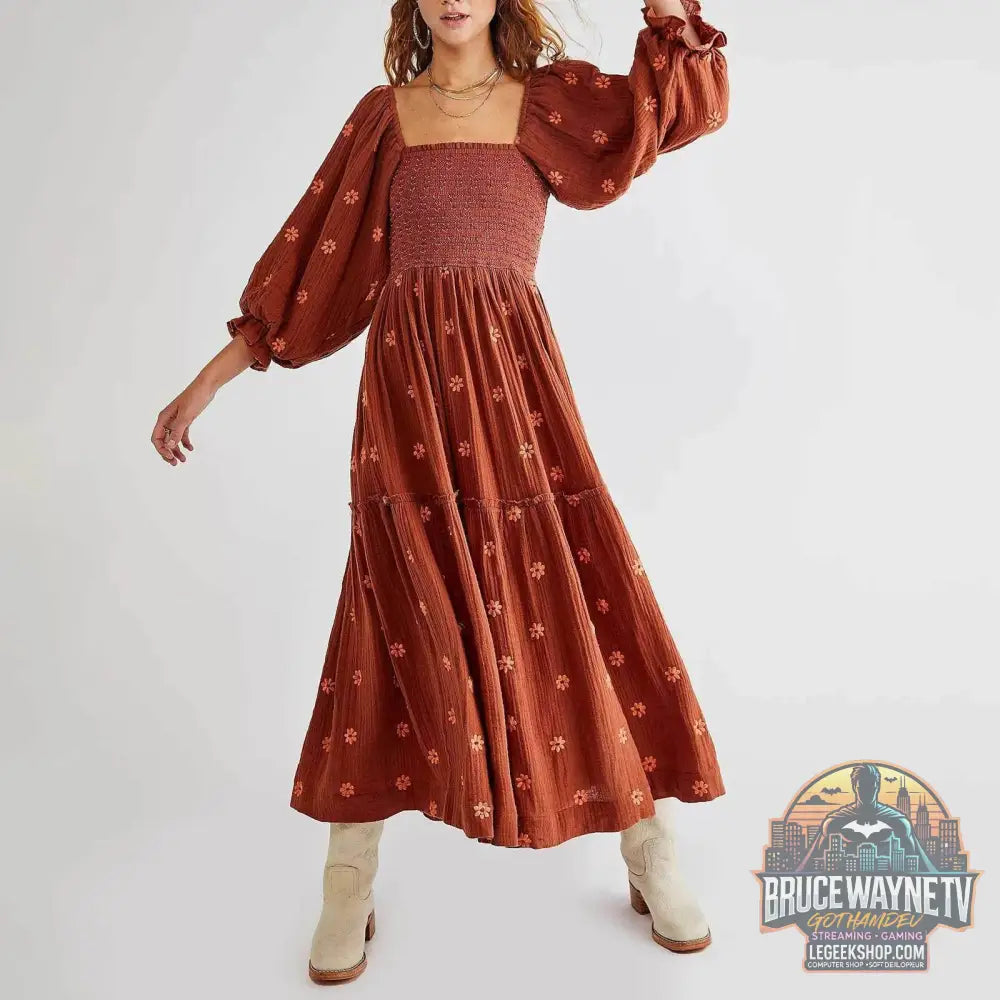 🌺 Robe longue à fleurs brodées 3D – Col carré & manches bouffantes - Legeekshop