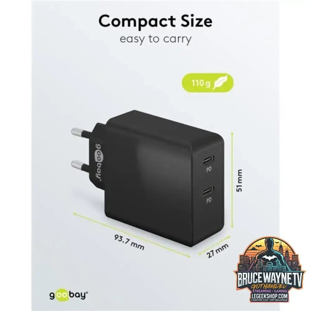 goobay USB-C Dual-Schnellladegerät 36 Watt, PD schwarz, 2x USB-C, Power Delivery - goobay - vue 4