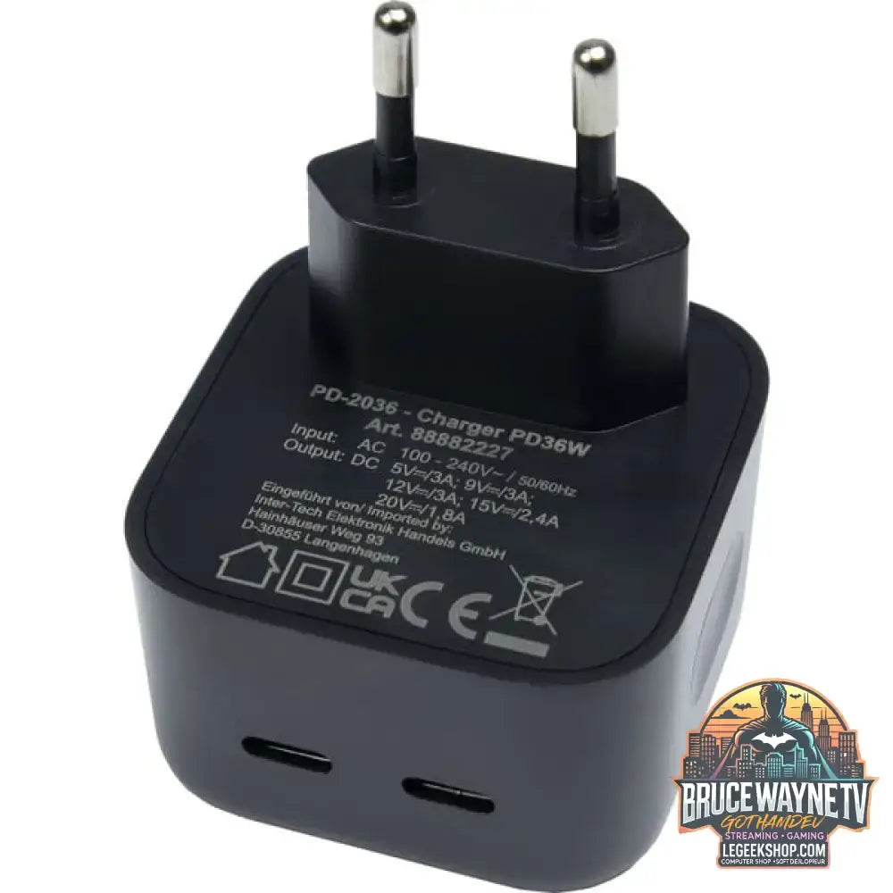 Inter-Tech Ladegerät PD-2036, 2x USB-C Charger schwarz, ohne Kabel, PD 36 Watt - Inter-Tech - vue 2