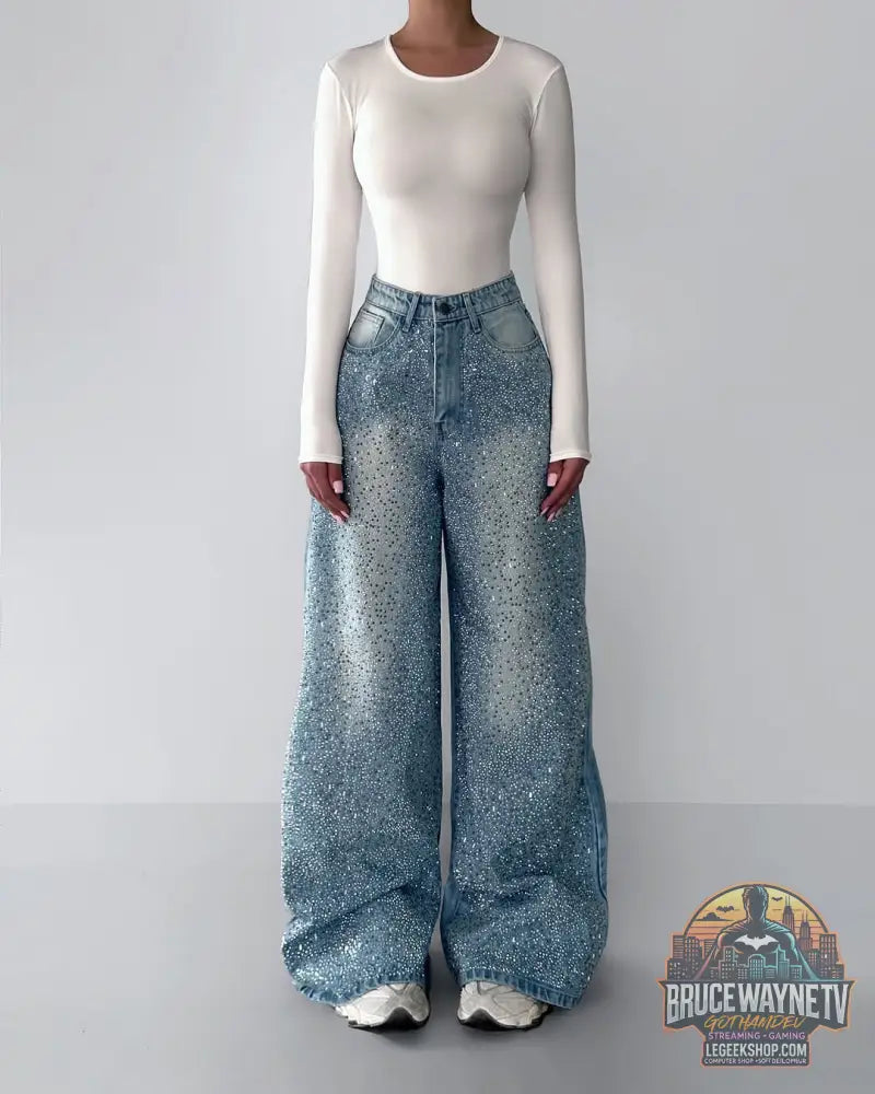 Jean Denim Strass Irréguliers Vintage Élégant - Blue / XS - Jean Femme