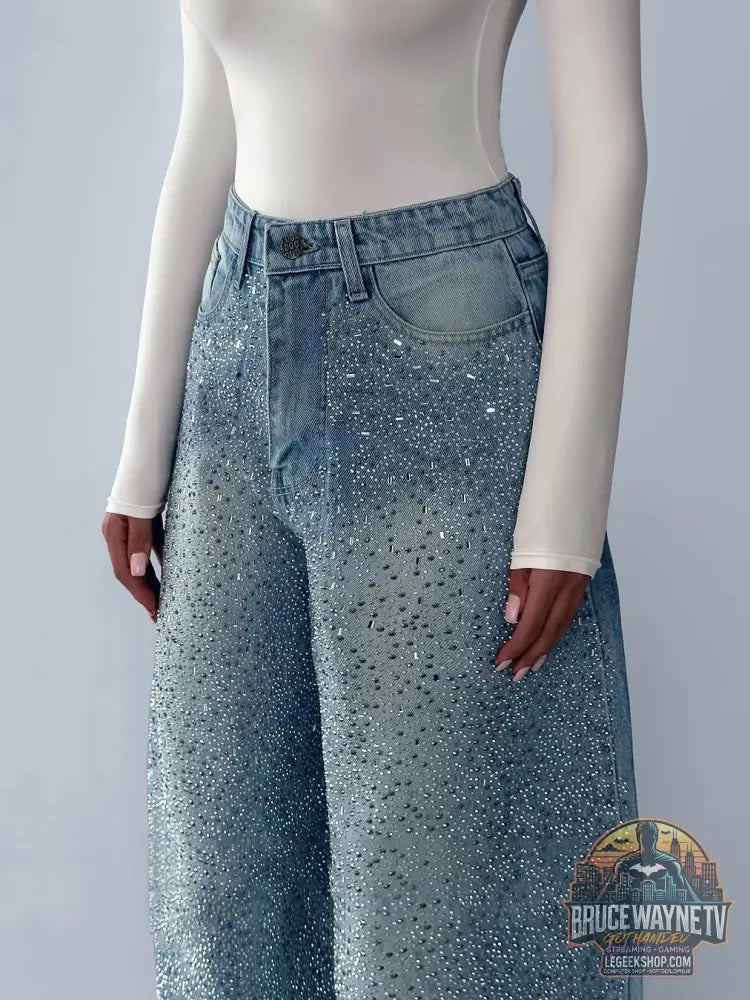 Jean Denim Strass Irréguliers Vintage Élégant - Jean Femme