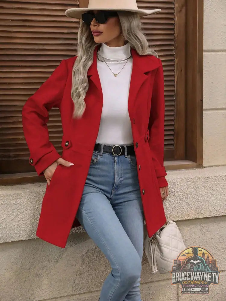 🧥 Manteau Femme Laine Col Revers Élégant Mi-Long 🧥 - Red / S - Manteau Femme