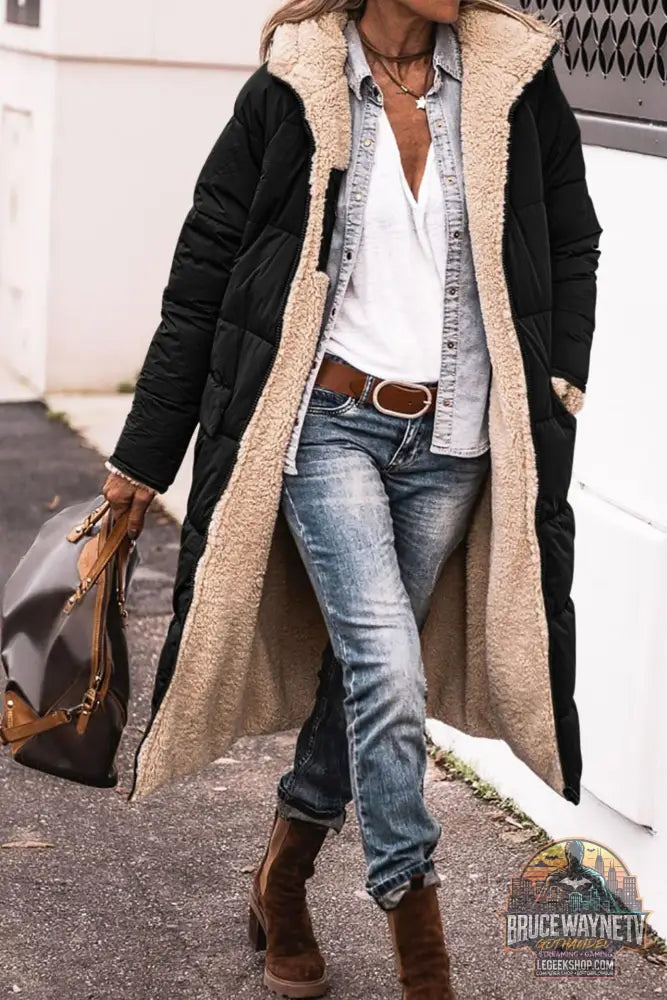 Manteau Long Capuche Hiver Réversible Élégant Femme - Black / 4XL - Manteau Femme
