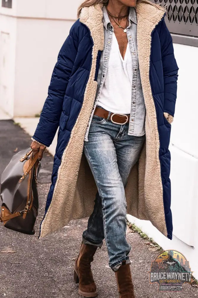 Manteau Long Capuche Hiver Réversible Élégant Femme - Navy Blue / L - Manteau Femme