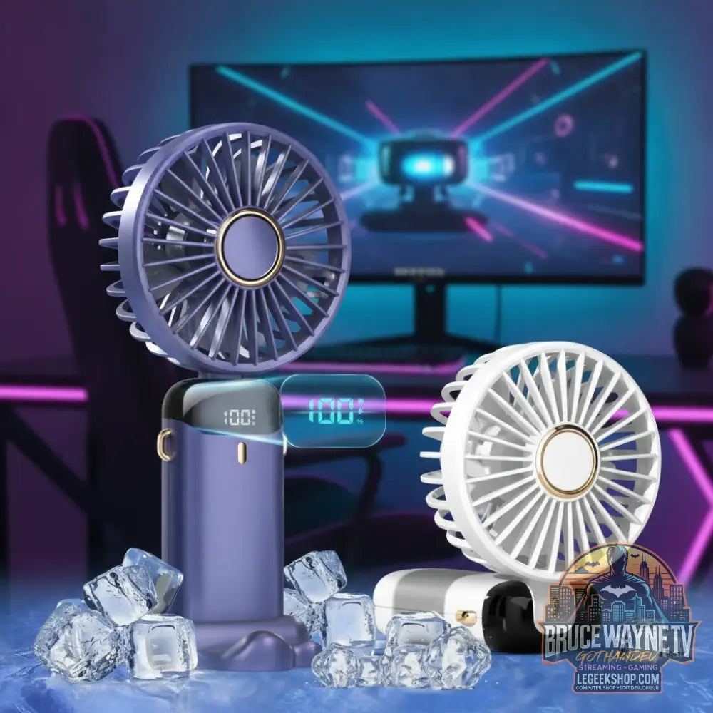 Mini ventilateur de cou portable LeGeekShop, design ergonomique avec support téléphone et écran digital. Fraîche