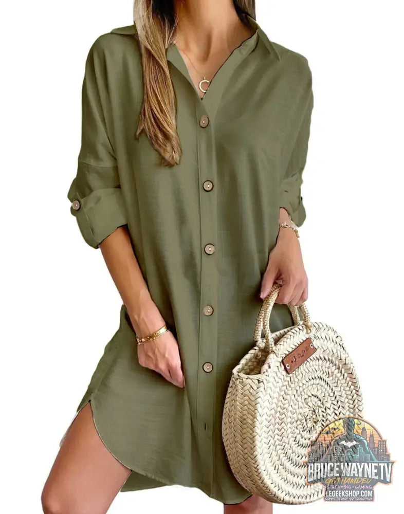 Robe Chemise Automne Manches Longues Col Boutons Casual - Green / S - Robe Femme