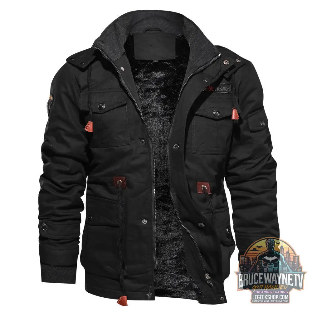 🧥 Veste Cargo Homme Hiver Capuche Détachable Multi-Poches 🧥 - Black / M - Veste Cargo Homme